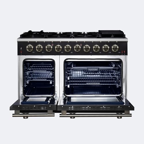 FORNO Massimo 48-Inch Freestanding Gas Range with Antique Brass Accents & 8 Sealed Burners - 4.32 cu.ft. Convection Oven + 2.26 cu.ft. Secondary Oven w/Air Fryer Kit & Wok Support - Black