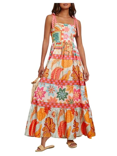 Image of WDIRARA Women's Boho Floral Sleeveless Ruffle Maxi Dress Tropical Graphic Tie Shoulder Smocked Cami Dresses