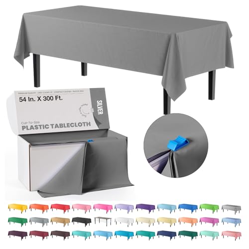 Image of Exquisite Party Solids 54 Inch X 300 Feet Silver Plastic Table Cover Roll in A Cut - to - Size Box with Convenient Slide Cutter. Cuts Up to 36 Rectangle 8 Feet Plastic Disposable Tablecloths