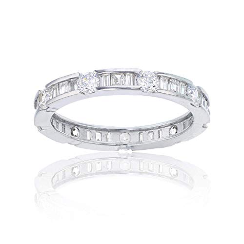 Sterling Silver Rhodium Baguette & Round Eternity Band