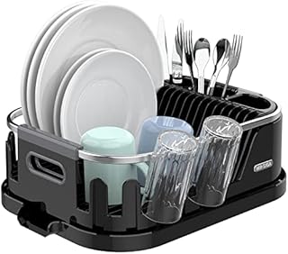 MR.SIGA Dish Drying Rack for Kitchen Counter, Compact Dish Drainer with Drainboard, Utensil Holder and Cup Rack, Black