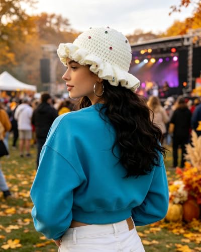 Image of Women Crochet Bucket Hat Cute Winter Ruffled Brim Floppy Cap Handmade Knit Cloche Hats