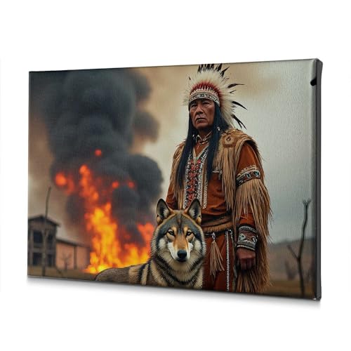 Toile guerrier amérindien loup village brûlant tableau déco chambre PKRD