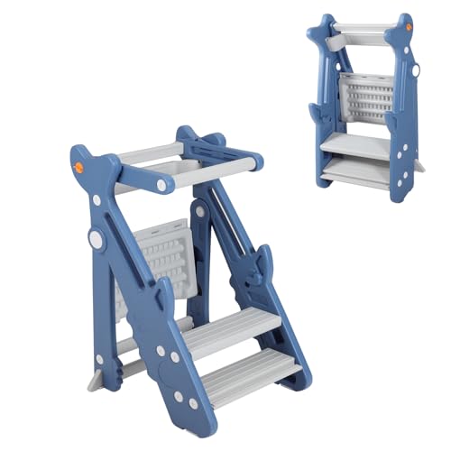 Foldable Toddler Tower, Toddler Kitchen Step Stool Helper, Height-Adjustable Foldable Standing Tower, Auxiliary Standing Stool, Cute Shark Model (Blue)