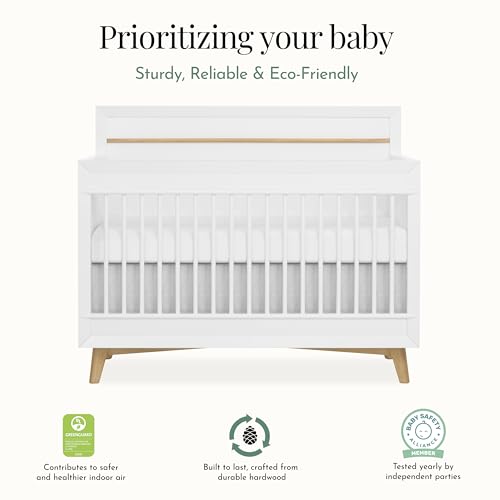 Image of Evolur Loft Antilia Mid-Century 4-in-1 Convertible Crib in White & Natural, GREENGUARD Gold Certified, Converts to Toddler Bed, Daybed & Full Bed, Fits Standard Crib Mattress, Adjustable Mattress Base