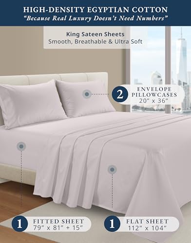 Image of LANE LINEN King Size Deep Pocket Sheets Egyptian Cotton Sateen - Grey Lilac | King Bed Sheet Set - 4-Piece Set, For A Luxurious Night's Sleep, For A Silky Hotel-Style Bed, Guest-Ready Comfort