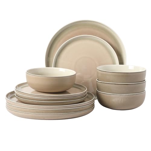 Image of Gibson Elite Island Bay 12-Piece New Bone China Dinnerware Set Service for 4, Reactive Glaze Plates and Bowls, Dishwasher and Microwave Safe, Cream and Green