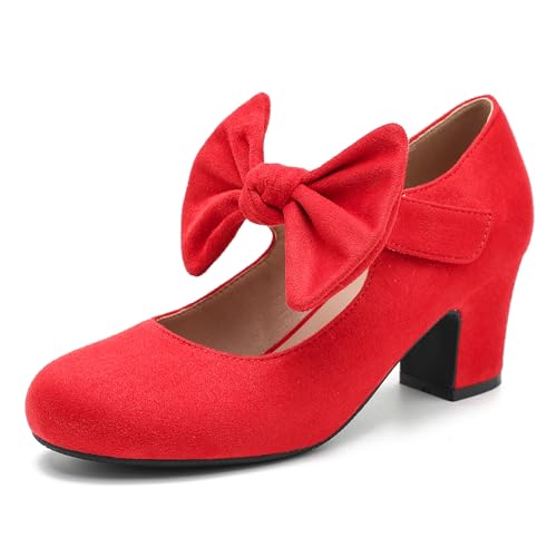 Women's Bow Mary Jane Chunky Heel Pumps Ankle Strap Round Toe Dress Wedding Party Shoes - Main Image