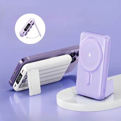 Magnetic Wireless Portable Charger, 10000mAh Power Bank Built in 4 Cables LED Display and Stand, 22.5W PD Fast Charging Battery Pack for iPhone 15/14/13/12 Pro/Pro Max/Plus Android Phone iPad