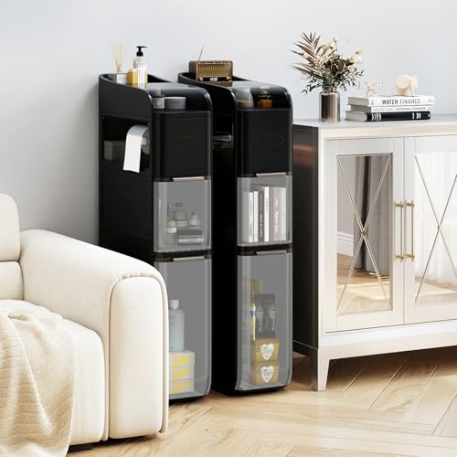 KOMFOTTEU Armario Estrecho de 4 Niveles con Ruedas, Carrito de Baño con 2 Cajones y Caja de Pañuelos, Estantería Lateral de PP Ahorra Espacio para Cocina, Baño, 18 x 43 x 88 cm (Negro) - imagen 7