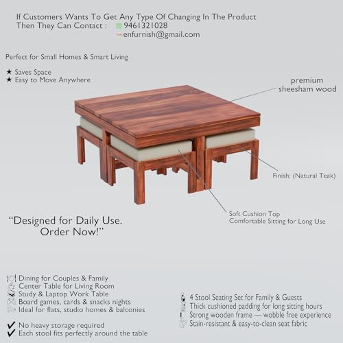 Image of Solid Sheesham Wood Coffee Table with 4 Stool | Square Centre Table with Stool | Center Table with 4 Stools for Living Room | Patio Table with 4 Puffy for Home | Natural Teak, Pre Assembled