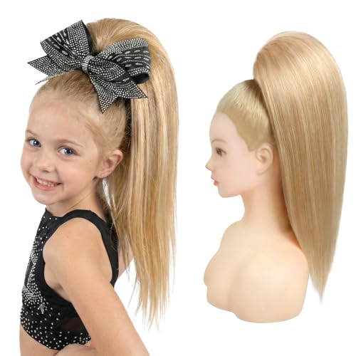 SEIKEA Cheer Ponytail Hair Piece 100% Real Human Hair 16 Straight Cheerleader Hairpiece Smooth Natural Healthy Reusable Ponytail Extension for Competition Dance & Stage Ash Blonde with Highlights