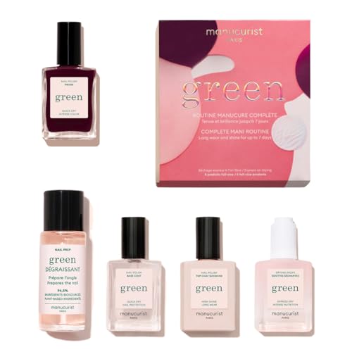 Manucurist Green System Set with Plum - Professional Vegan Plant-Based Manicure Kit: 1 Degreaser 1 Base Coat 1 Nail Polish Dark Wine 1 Top Coat Dried Drops - Gifts for Her
