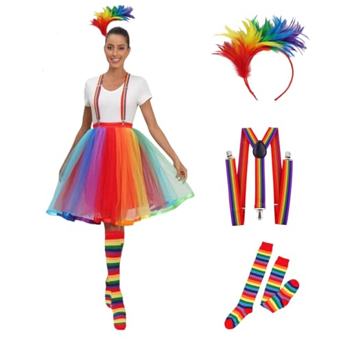 Generisch Faschingskostüme Damen Karneval Kostüm Fasching Clown Kostüm Regenbogen Tüllrock Set mit Riemen Feder Haarreif Bunt Kniestrümpfe Faschingskostüme Festival Party