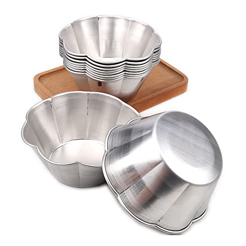 LoBake 10pcs Plum Blossom Petal Flower-Shaped Aluminum Cake Cup Mold Pudding Jelly Mold Flat Bottom Molding Tools DIY Baking Mold (A-8)