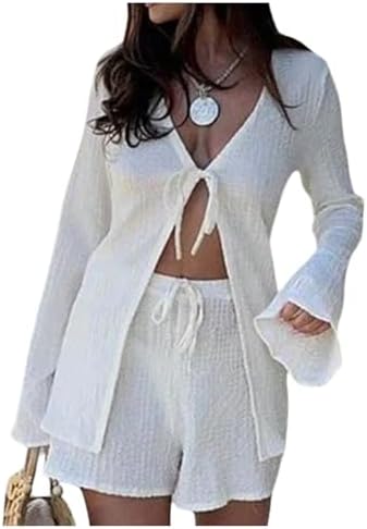 SweatyRocks Women's 2 Piece Bell Sleeve Tie Front Blouse and Shor...