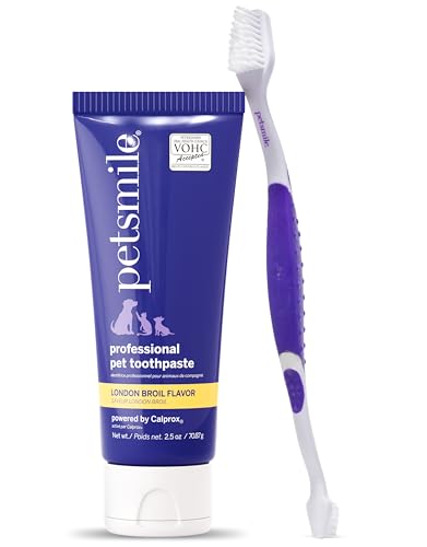 Petsmile Professional Pet Teeth Brushing Kit for Cats & Dogs - Only VOHC Accepted Toothpaste & Patented Toothbrush - Proven to Control Plaque & Tartar Calprox Formula (London Broil, 2.5 Oz)