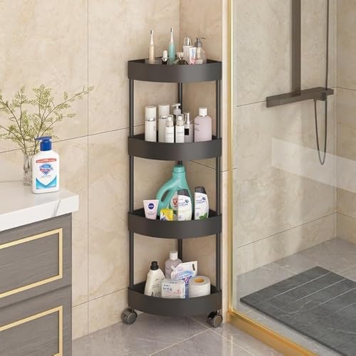 Optico 4-Layer Shower Caddy Corner Shelves Bathroom Shelving Unit Cart with Wheel Plastic Shower Caddy Organizer Shelf Rust Proof Corner Open Storage Cart for Bathroom Kitchen Laundry (Black)