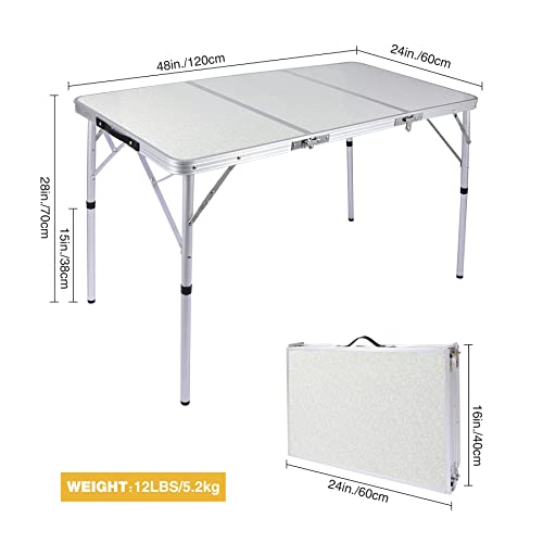 Redswing Tri-Fold Folding Camping Table 4Ft, Aluminum Outdoor Table With Adjustable Heights Legs, Portable Lightweight Small Camp Table For Picnic, Party, Beach, 47"X24", White #TOP1