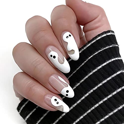RikView Halloween Press on Nails Long Acrylic Nails Almond Fake Nails Halloween Nails with Design (White Ghost)