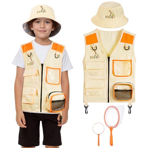 BSBUY Kit de Exploration Enfant, 4Pcs Kit de Aventurier Extérieur avec Gilet de Safari, Chapeau, Filet à Papillon, Loupe, Équipement de Explorateur Extérieur, Cadeau de Jouets Exploration pour Enfant