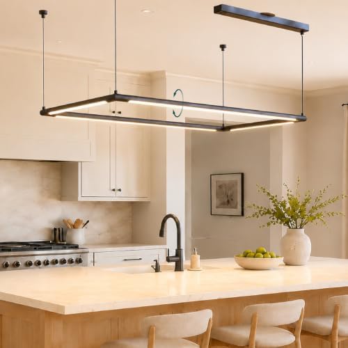 Solvita 49.6" x 26" Rectangular LED Pendant Light, 3000K Warm White Kitchen Island Light Fixture, Modern Black Chandelier for Dining Room, Kitchen Island, Foyer & Open Concept Kitchen
