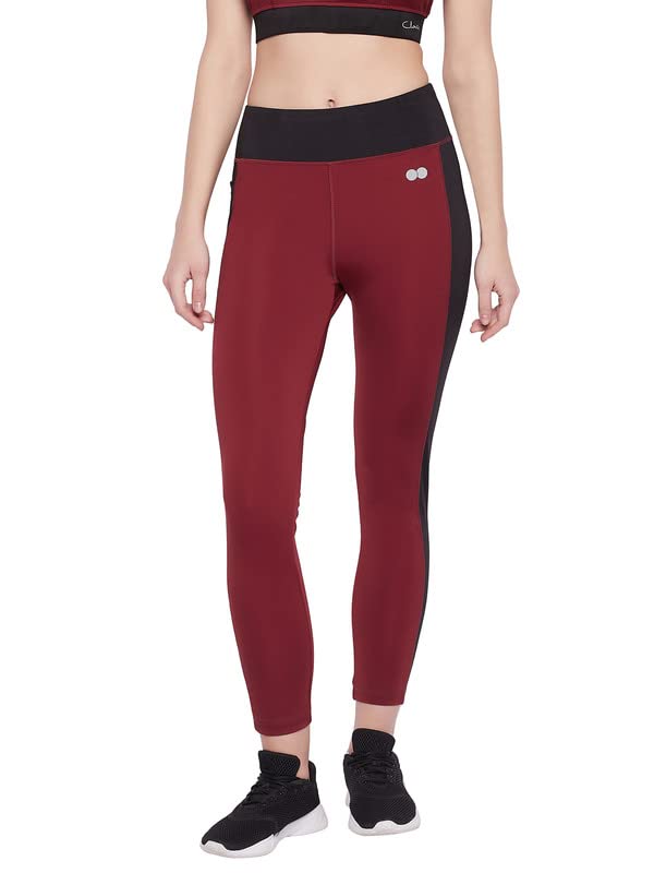 Image of Clovia Women's Snug-Fit High Rise Coourblocked Active Tights in Maroon