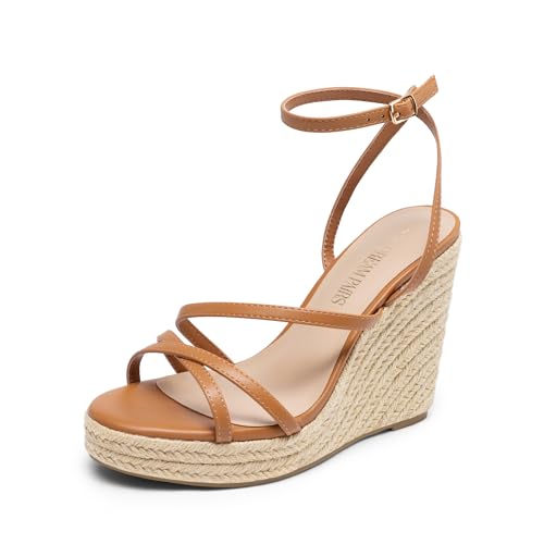 DREAM PAIRS Strappy Espadrille Platform Wedge Sandals for Women Dressy Summer, Comfortable Open Toe Sandals with Cushioned Insole and Ankle Strap Buckle 7.5 Camel