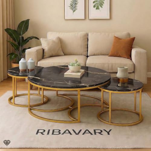 Image of Round Coffee Table Set of 3, Marble Laminated Accent Center Table with Sturdy Metal Base | Modern Foldable Nesting Stacking Tables for Living Room, Bedroom, or Apartments (Golden-Black)