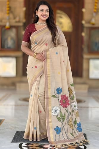 Image of SGF11 Women's Soft Cotton Linen Silk Saree With Blouse Piece