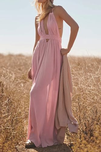 Image of R.Vivimos Boho Maxi Dresses for Women 2026 Summer Sleeveless Halter Elastic Waist Sexy Backless Front Slit Flowy Long Dresses