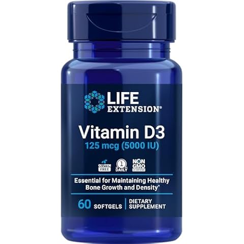 Life Extension Vitamin D3 125 mcg (5000 IU), Bone Health, Brain Performance, Immune System Support, Gluten-free, Non-GMO, Once Daily, Two-month Supply, 60 Softgels Cover
