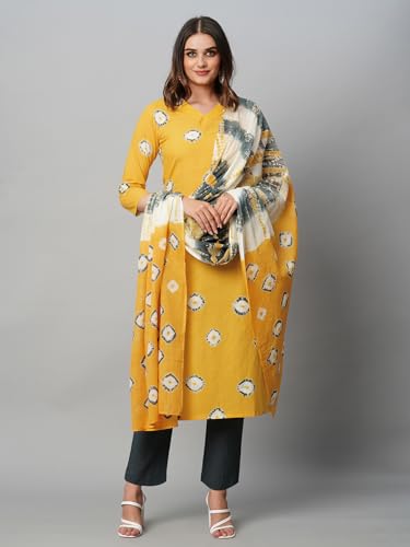 Image of GoSriKi Women's Cotton Blend Straight Printed Kurta with Pant & Dupatta