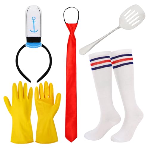 XEPST Gelbes Schwamm Kostüm für Erwachsene Karneval Halloween Gelbes Sponge Kostüme Set Gelbe Handschuhe Rote Fliege Seemann-Haarreif Gestreifte Socken Cosplay Accessorie