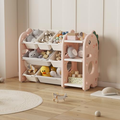 Image of oddpod Dino Kids Toy Organizer Storage Racks with Bins, Cute Cartoon Montessori Plastic Bookshelf for Children & Bedroom Shelf for Baby Hardline Toys, Books, Clothes & Games - Pink (5+2 Bins)