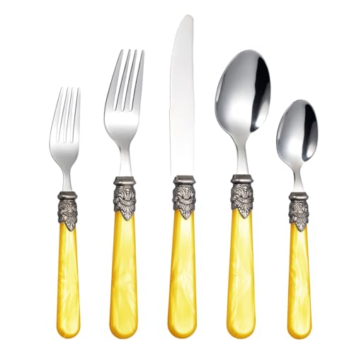 CATHYLIN 20 pieces Stainless Steel Flatware Sets With White Hanld,Dishware Safe (5, Yellow)