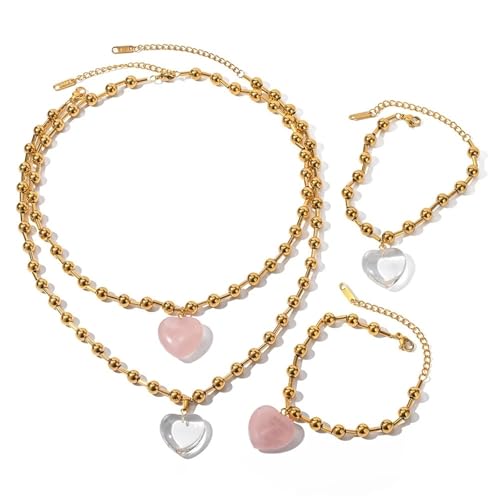 Collier et bracelet en acier inoxydable doré avec pendentif cœur transparent tendance