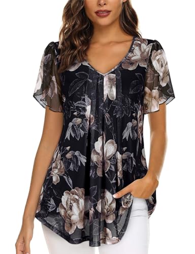 Blusas para mujer con cuello en V, tops para damas, manga corta tipo pétalo, tops de gasa de doble capa de malla, tops tipo túnica, camisas casuales, Medianoche Púrpura, M