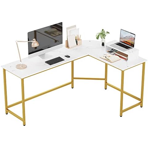 Weehom L Shaped Computer Desk with Monitor Stand, Reversible Corner Desk for Home Office, Modern PC Workstation Study Writing Table(White and Gold) Cover
