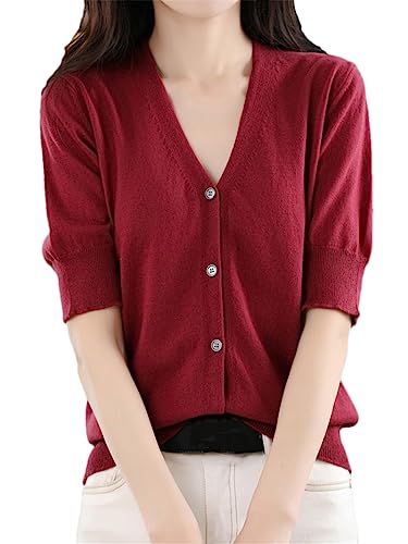 Women Cotton Cardigan Summer Knitted Short Sleeve V-Neck Button Cardigan T-Shirt Solid Color Top