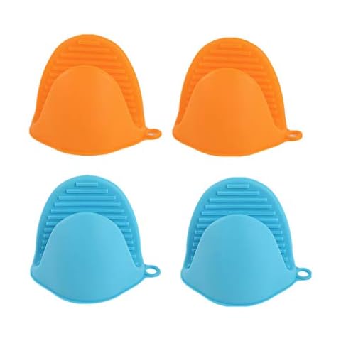 SHANGHh 2 Pairs Mini Oven Mitts Silicone Heat Resistant Cooking Pinch Mitts fit for Microwave Kitchen Cooking and Baking Accessory (Orange and Blue) Cover