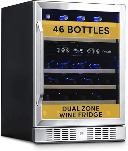 Image of NewAir 24" Dual Zone Wine Fridge for 46 Bottles | Built-In or Freestanding Wine Cooler Refrigerator with Glass Door | Quiet Cooling & Adjustable Shelves for Red and White Wine | Stainless Steel