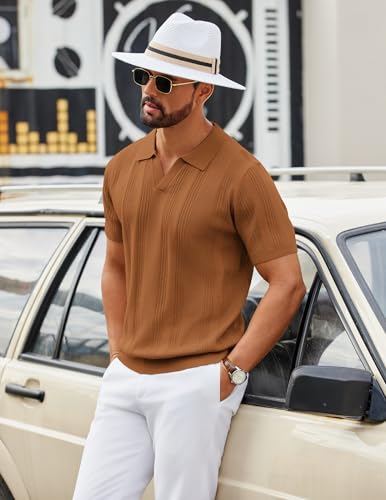 Image of COOFANDY Mens Knit Polo Shirts V Neck Textured Polo Shirts Short Sleeve Breathable Polo Casual Collared T Shirt Fashion Tops