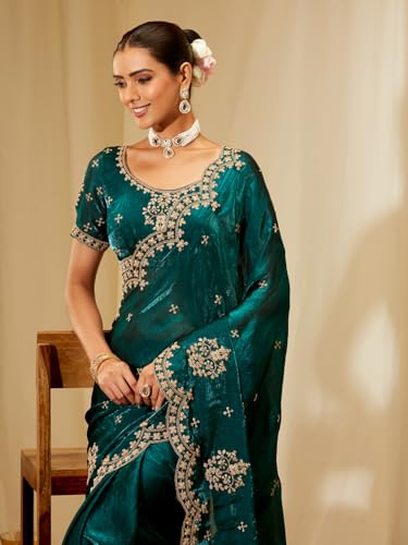 Image of Kasee Women's Bottle Green Floral Embroidered Silk Blend Saree with Rich Zari Border and Unstitched Blouse Piece