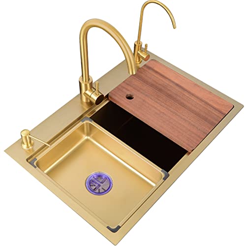 Fregadero de cocina dorado con grifo Fregadero de acero inoxidable 304 Fregadero dorado con tabla de cortar Grifo dorado Todos los accesorios incluidos (Color: Dorado, Tamaño: 80x46cm) (Dorado 80