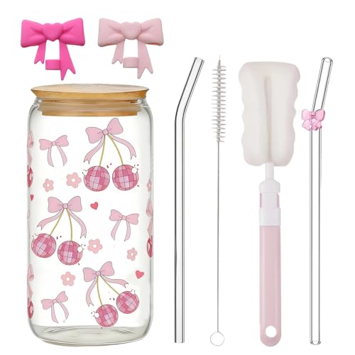 7-Piece Bow Glass Cup Set - Glass Straws & Lidded Pink Bow Cups with Cleaning Brush, Perfect for Milk Tea, Coffee, Juice