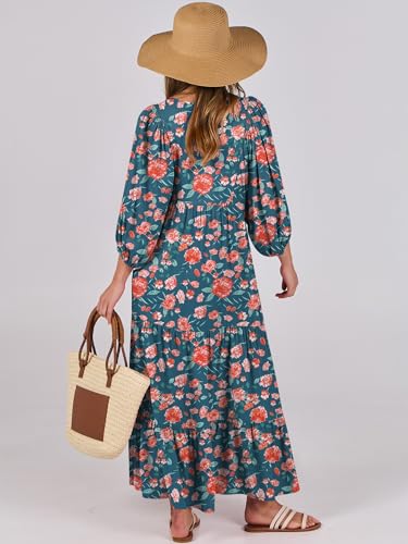 Image of ANRABESS Womens Boho Floral 3 /4 Puff Sleeve Maxi Dress | Tiered Flowy Loose Fit, Comfy Soft Rayon Fabric, Wedding Guest Church Beach, Modest Elegant, Spring Summer Fall Outfits