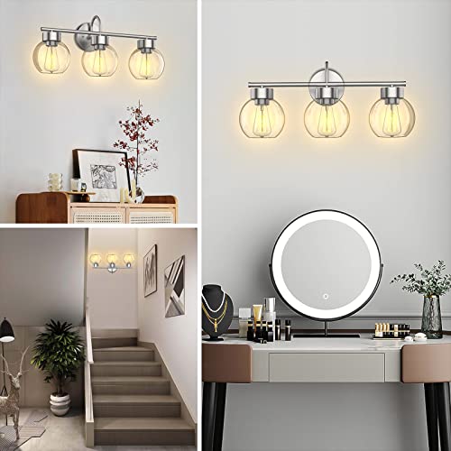Image of EAPUDUN 3 Light Bathroom Vanity Light, Brushed Nickel Bathroom Light Fixtures with Clear Glass Shade Wall Sconce, Porch Wall Lamp for Mirror, WLA1435-BNK
