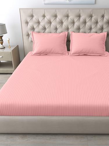 Image of Mafatlal Italian Strip Cotton Bedsheet for King Size Bed with 2 Pillow Covers | 210 TC Pure Cotton Flat Sheet Light Pink | 108 x 108 Inches | Comfortable & Long Lasting