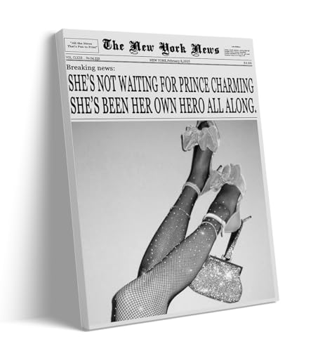Funky New York Newspaper Wall Art She's Not Waiting for Prince Charming She's Been Her Own Hero All Along Vintage Black and White Feminist Posters Dorm Office Wall Decor 12x16in Frame wall art